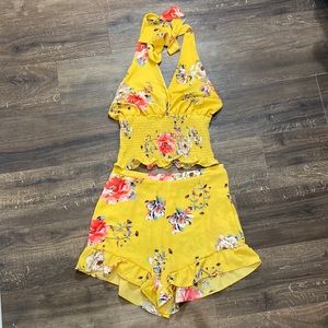 Forever 21 Affection Yellow Rose Floral Halter Set